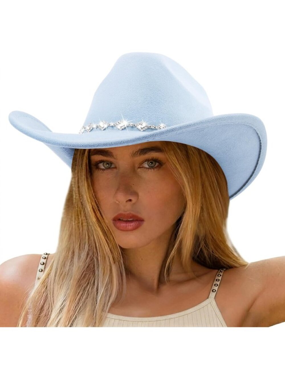 Women's Sky Blue Rhinestone Glitter Wide Brim Felt Cowboy Western Cowgirl Hat